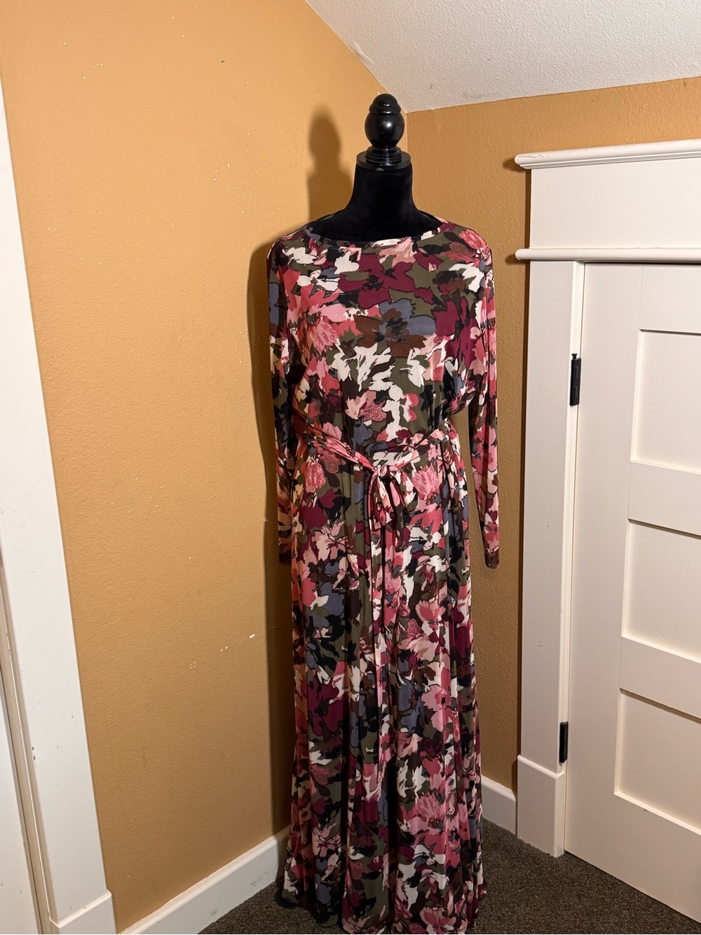 Anne Klein Pink and Olive Floral Maxi Dress with Tie Waist